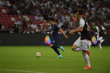 Kallang, Singapur - 21 Temmuz 2019: Heung-Min-Son Tottenham hotspur oyuncusu 2019 yılında Juventus ve Tottenham Hotspur arasında ulusal stadyumda görev yaptı.