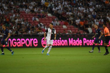 Kallang, Singapur - 21 Temmuz 2019: Juventus 'un Cristiano Ronaldo oyuncusu, Juventus ile Tottenham Hotspur arasında 2019 yılında Singapur' un başkenti Singapur 'da görev yaptı.