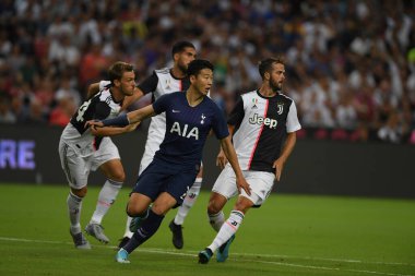 Kallang, Singapur - 21 Temmuz 2019: Heung-Min-Son Tottenham hotspur oyuncusu 2019 yılında Juventus ve Tottenham Hotspur arasında ulusal stadyumda görev yaptı.