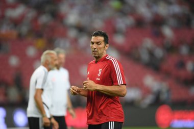 Kallang, Singapur - 21 Temmuz 2019: Juventus 'un Gianluigi Buffon oyuncusu Juventus ile Tottenham Hotspur arasında ulusal stadyum, Singapur