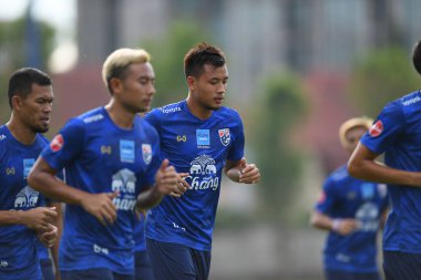 Bangkok, Tayland - 30 Mayıs 2019: Prawee Tantatemee Tayland Millî Futbol Takımı, Tayland 'daki Alp Kupası 2019 turnuvası öncesinde antrenman yapıyor