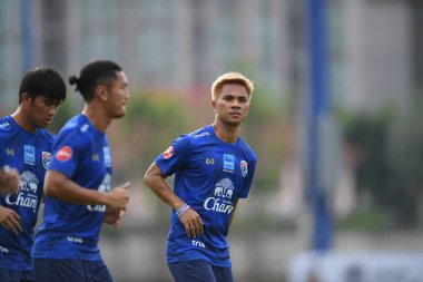 Bangkok, Tayland - 30 Mayıs 2019: Tayland 'ın başkenti Tayland' da düzenlenen Alp Kupası 2019 turnuvası öncesinde Jakpan Praisuwan 'da antrenman yapan oyuncu