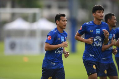 Bangkok, Tayland - 30 Mayıs 2019: Tayland 'daki Alp Kupası 2019 turnuvası öncesinde Tayland' ın Nitipong Selanon oyuncusu