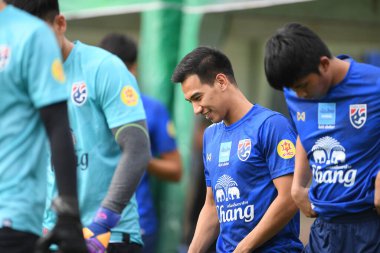 Bangkok, Tayland - 30 Mayıs 2019: Tayland 'daki Alp Kupası 2019 turnuvası öncesinde Tayland' ın Nitipong Selanon oyuncusu