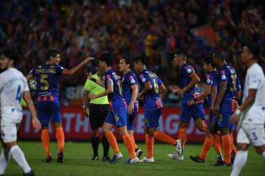 Bangkok-Thailand- 13 Jul 2019: player of port fc congratulation for goal during thaileague match between port fc against Chonburi fc at pat stadium, Thailand