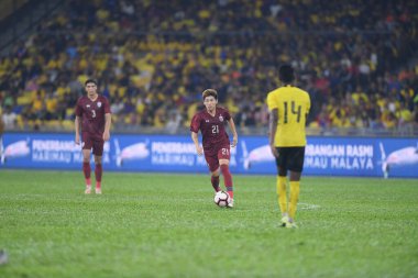 Kuala lumphur-Malezya-14Nov2019: Siwakorn Tiatrakul 21 Tayland Futbolcusu FIFA Dünya Kupası Katarı 2022 'de Malezya' ya karşı Malezya, Malezya 