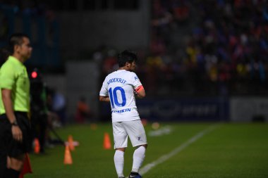 Bangkok-Thailand-13Jul2019:Kroekrit taweekarn player of chonburi fc in action during thaileague match between port fc against chonburi fc at pat stadium,thailand