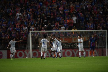 Bangkok-Thailand-13Jul2019:Teerapong deehamhea player of chonburi fc congratulation for goal during thaileague match between port fc against chonburi fc at pat stadium,thailand