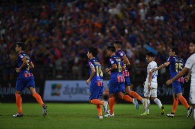 Bangkok-Thailand- 13 Jul 2019: player of port fc congratulation for goal during thaileague match between port fc against Chonburi fc at pat stadium, Thailand