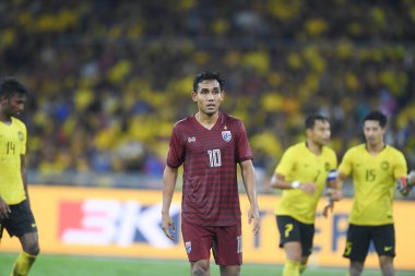 Kuala lumphur-Malezya-14 Kasım 2019: Teerasil Dangda 10 Tayland Oyuncusu FIFA Dünya Kupası Katarı 2022 'de Malezya' ya karşı Bukit Jalil, Malezya