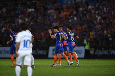 Bangkok-Thailand- 13 Jul 2019: player of port fc congratulation for goal during thaileague match between port fc against Chonburi fc at pat stadium, Thailand