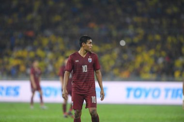 Kuala lumphur-Malezya-14 Kasım 2019: Teerasil Dangda 10 Tayland Oyuncusu FIFA Dünya Kupası Katarı 2022 'de Malezya' ya karşı Bukit Jalil, Malezya