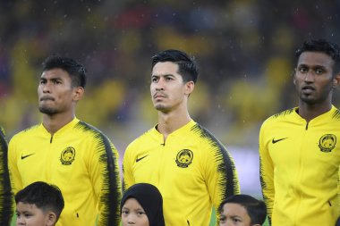 Kuala lumphur-Malezya-14 Kasım 2019: Brendan Gan 15 Malezya Oyuncusu FIFA Dünya Kupası Katarı 2022 'de Bukit Jalil, Malezya' da Tayland 'a karşı gol attığı için sevindi