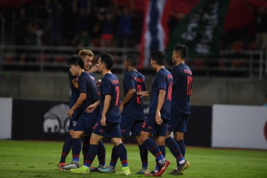Bangkok-thailand-15 oct 2019: player of thailand congratulation for goal during fifa world cup qatar 2022 against UAE at thammasart stadium, Thailand