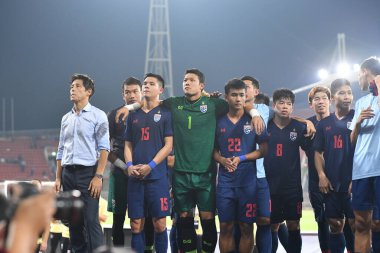 Bangkok-Thailand -15oct2019:player of thailand in action during fifa world cup qatar 2022 against UAE at thammasart stadium,thailand