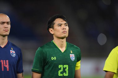 Bangkok-thailand-15 oct 2019:Siwarak tedsungnoun player of thailand in action during fifa world cup qatar 2022 against UAE at thammasart stadium, thailand