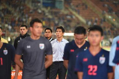 Bangkok-thailand- 15 oct 2019: Akira nishino head coach of thailand in action during fifa world cup qatar 2022 against UAE at thammasart stadium, Thailand