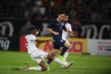 Bangkok-thailand- 15 oct 2019:Supachok sarachart player of Thailand in action during fifa world cup qatar 2022 against UAE at thammasart stadium, Thailand