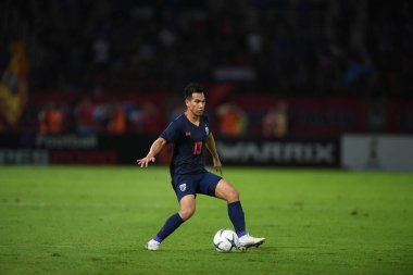 Bangkok-thailand-15 oct 2019:Nitipong selanon player of thailand in action during fifa world cup qatar 2022 against UAE at thammasart stadium, thailand