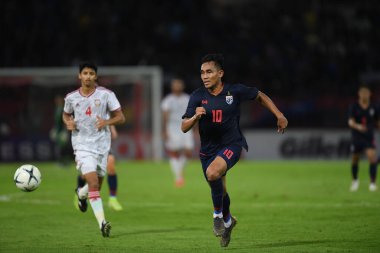 Bangkok-thailand- 15oct 2019: Teerasil dangda player of Thailand in action during fifa world cup Qatar 2022 against UAE at thammasart stadium, Thailand