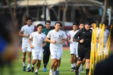 Bangkok-Thailand-Mar18, 2019: Player of thailand in action during training before fifa day at boonyajinda stadium,thailand