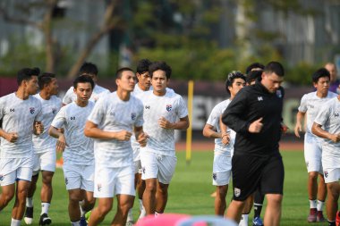 Bangkok-Thailand-Mar18, 2019: Player of thailand in action during training before fifa day at boonyajinda stadium,thailand