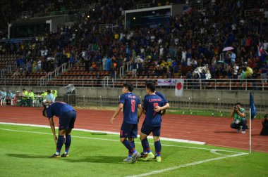 Bangkok-thailand-15 oct 2019: player of thailand congratulation for goal during fifa world cup qatar 2022 against UAE at thammasart stadium, Thailand