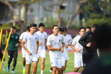 Bangkok-Thailand-Mar18, 2019: Player of thailand in action during training before fifa day at boonyajinda stadium,thailand