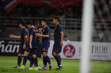 Bangkok-thailand-15 oct 2019: player of thailand congratulation for goal during fifa world cup qatar 2022 against UAE at thammasart stadium, Thailand