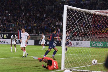 Bangkok-thailand- 15oct 2019: Teerasil dangda player of Thailand in action during fifa world cup Qatar 2022 against UAE at thammasart stadium, Thailand
