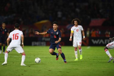 Bangkok-thailand- 15 oct 2019:Pitiwat sukjittammakul player of thailand in action during fifa world cup qatar 2022 against UAE at thammasart stadium, thailand