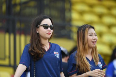 Bangkok-Thailand-Mar18, 2019: Unidentified fan of thailand in action during training before fifa day at boonyajinda stadium,thailand