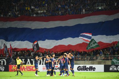 Bangkok-thailand- 15 oct 2019 :Unidentified fan of Thailand in action during FIFA world cup qatar 2022 against UAE at thammasart stadium, Thailand 
