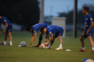 Buriram-Thailand- 3 Jun 2019: Player of thailand in action during training before tournament king cup 2019 at buriram academy camp, buriram, thailand