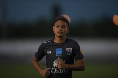 Buriram-Thailand-6 Jun 2019: Theerathon bunmatan Player of Thailand in action during training before match again India at camp buriram united, thailand