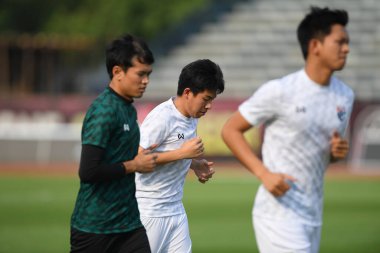 Bangkok-Thailand-Mar18,2019:Siwakorn tiatrakul Player of thailand in action during training before fifa day at boonyajinda stadium,thailand