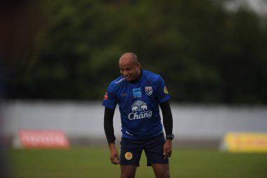 Buriram-Thailand-6 Jun 2019: Choktawee promrat assistant coach of Thailand in action during training before match again India at camp buriram united, thailand
