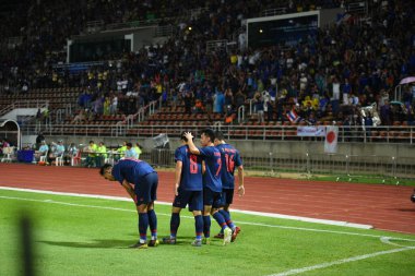 Bangkok-thailand-15 oct 2019: player of thailand congratulation for goal during fifa world cup qatar 2022 against UAE at thammasart stadium, Thailand