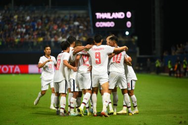 Bangkok-thailand-9oct2019:Player of thailand congratulation for goal during friendly match against congo at leo stadium,thailand