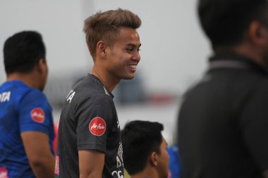 Buriram-Thailand-6 Jun 2019: Theerathon bunmatan Player of Thailand in action during training before match again India at camp buriram united, thailand
