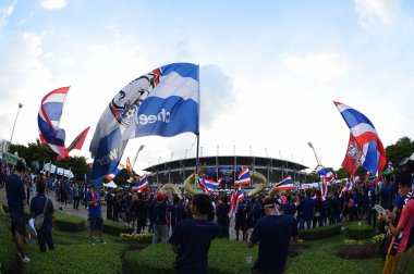 Bangkok-thailand- 15 oct 2019 :Unidentified fan of Thailand in action during FIFA world cup qatar 2022 against UAE at thammasart stadium, Thailand 