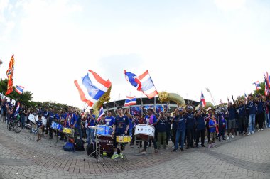 Bangkok-thailand- 15 oct 2019 :Unidentified fan of Thailand in action during FIFA world cup qatar 2022 against UAE at thammasart stadium, Thailand 