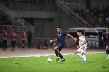 Bangkok-thailand- 15oct 2019: Teerasil dangda player of Thailand in action during fifa world cup Qatar 2022 against UAE at thammasart stadium, Thailand