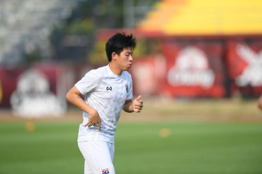 Bangkok-Thailand-Mar18,2019:Siwakorn tiatrakul Player of thailand in action during training before fifa day at boonyajinda stadium,thailand
