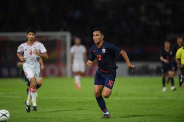 Bangkok-thailand- 15oct 2019: Teerasil dangda player of Thailand in action during fifa world cup Qatar 2022 against UAE at thammasart stadium, Thailand