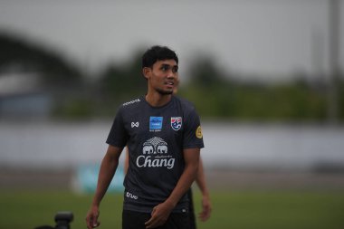 Buriram-Thailand-6 Jun 2019: Teerasil dangda Player of Thailand in action during training before match again India at camp buriram united, thailand