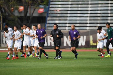 Bangkok-Thailand-Mar18, 2019: Player of thailand in action during training before fifa day at boonyajinda stadium,thailand