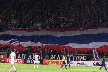 Bangkok-thailand- 15 oct 2019 :Unidentified fan of Thailand in action during FIFA world cup qatar 2022 against UAE at thammasart stadium, Thailand 