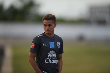 Buriram-Thailand-6 Jun 2019: Theerathon bunmatan Player of Thailand in action during training before match again India at camp buriram united, thailand