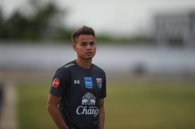 Buriram-Thailand- 6 Jun 2019: Theerathon bunmatan Player of Thailand in action during training before match again India at camp buriram united, thailand
